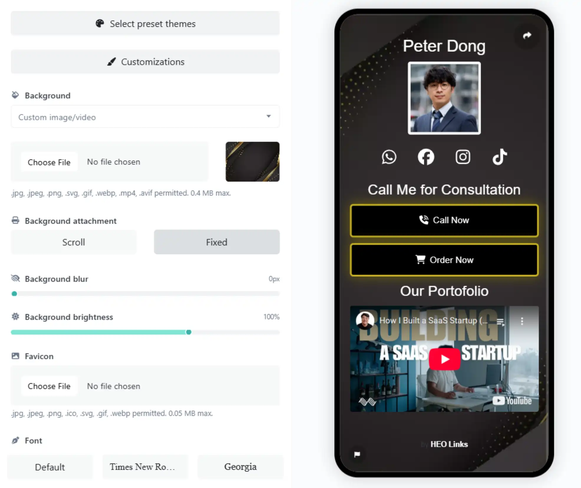 Screenshot of the app biolink editing page